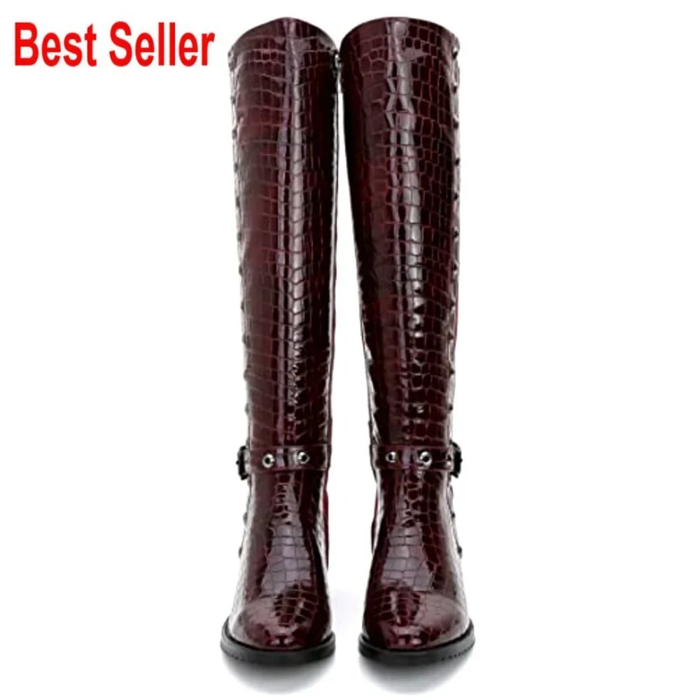 Faux Leather Knee-High Boots with Crocodile Print and Perforated Trim